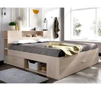 Lit avec tête de lit rangements et tiroirs - 140 x 190 cm - Coloris : Naturel + Sommier - LEANDRE