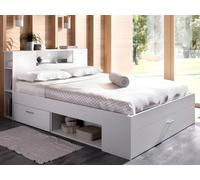 Lit avec tête de lit rangements et tiroirs - 160 x 200 cm - Coloris : Blanc + Sommier - LEANDRE