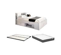 Lit avec tête de lit rangements et tiroirs - 160 x 200 cm - Coloris : Blanc + Sommier + Matelas - LEANDRE