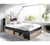Lit avec tête de lit rangements et tiroirs - 160 x 200 cm - Coloris : Naturel et anthracite + Sommier - LEANDRE