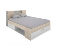 Lit avec tête de lit rangements et tiroirs - 160 x 200 cm - Coloris : Naturel et blanc - LEANDRE