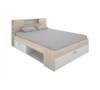 Lit avec tête de lit rangements et tiroirs - 160 x 200 cm - Coloris : Naturel et blanc - LEANDRE