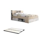 Lit avec tête de lit rangements et tiroirs - 160 x 200 cm - Coloris : Naturel et blanc + Sommier - LEANDRE
