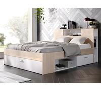 Lit avec tête de lit rangements et tiroirs - 160 x 200 cm - Coloris : Naturel et blanc + Sommier + Matelas - LEANDRE
