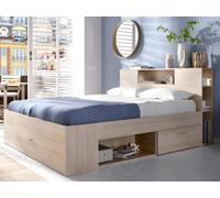 Lit avec tête de lit rangements et tiroirs - 160 x 200 cm - Coloris : Naturel + Sommier + Matelas - LEANDRE