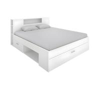 Lit avec tête de lit rangements et tiroirs - 160 x 200cm - Coloris : Blanc - LEANDRE