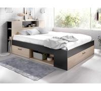 Vente-unique - Lit avec tête de lit rangements et tiroirs - 160 x 200cm - Coloris : Naturel et Anthracite - Leandre