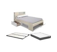 Lit avec tête de lit rangements et tiroir - 120 x 190 cm - Naturel et blanc + Sommier + Matelas - LEANDRE