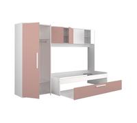 Lit avec tiroir gigogne 2 x 90 x 200 cm - Avec armoire - Rose et blanc - LUMOKA