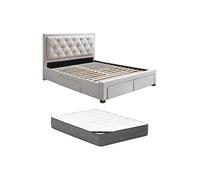 Lit avec tiroirs 160 x 200 cm - Tissu - Beige + Matelas - LEOPOLD
