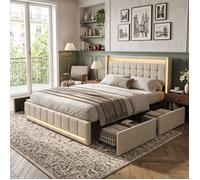 Lit avec tiroirs 160x200 cm Grand rangement | Design soigné en lin | LED RGB & USB | 4 Tiroirs - Beige