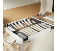 Lit avec Tiroirs de rangement, Sommier à lattes en bois flexible, 8 pieds, cadre en tissu blanc, lit stable et solide. 4 espaces de rangement sous le lit en utilisant les tiroirs.(Blanc, 140 x 200 cm)