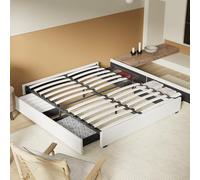 Lit avec Tiroirs de rangement, Sommier à lattes en bois flexible, 8 pieds, cadre en tissu gris, lit stable et solide. 4 espaces de rangement sous le lit en utilisant les tiroirs. (Blanc, 160 x 200 cm)