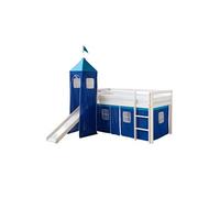 Homestyle4u Lit mezzanine avec toboggan et tour 90×200 cm blanc rideau bleu sans sommier à lattes