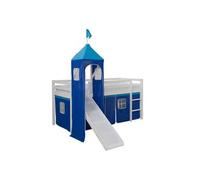 Homestyle4u Lit mezzanine enfant 90x200 cm bois blanc - toboggan, tour, rideau bleu, sommier inclus