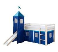 Homestyle4u Lit mezzanine avec toboggan et tour 90×200 cm blanc rideau bleu sans sommier à lattes