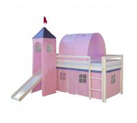 Homestyle4u 1496, lit loft pour enfants Avec toboggan, échelle, tour, tunnel, rideau rose, bois massif blanc, 90x200 cm