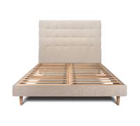 Lit avec tte de lit capitonne tissu et sommier kit beige brun 150x190 H29cm