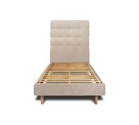 Lit avec tte de lit capitonne tissu et sommier kit beige brun 90x200 H29cm