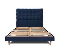 Lit avec tte de lit capitonne velours et sommier kit bleu 150x200 H29cm