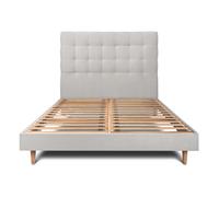 Lit avec tte de lit capitonne velours et sommier kit gris clair 150x200 H29cm