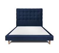 Lit avec tte de lit capitonne velours et sommier tapissier bleu 140x200 H29cm