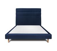 Lit avec tte de lit lignes velours et sommier tapissier bleu 160x200 H29cm