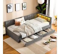 Lit Banquette 1 Place, Canapé lit avec deux tiroirs, rangement au niveau de la tête de lit, et chargement USB + Type C, Lit de Jour, Cadre de lit 1 Place avec éclairage LED (sans matelas), lin, gris