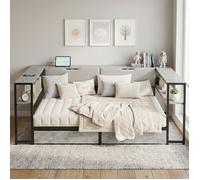 Lit banquette 140x200 cm-canapé-lit-2 tiroirs-6 rangements-USB/USB-C-sommier métal-tissu lin-Gris béton-sans matelas