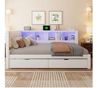 Lit banquette 2 places 140x200 cm, 2 tiroirs, étagère 4 niveaux, LED dimmable, USB, pin et MDF, blanc, sans matelas