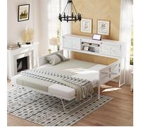 Lit Banquette 90×200 cm, Canapé-Lit Extensible avec Rangement et Prise, Lit une Place pour Adolescent, Fauteuil Lit 1 Place, Blanc