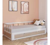 IDMarket – Lit banquette Zoya 90 x 190 cm convertible 180 x 190 cm blanc et hêtre avec 1 tiroir
