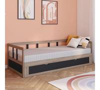 IDMarket Lit banquette ZOYA convertible 90 x 190 / 180 x 190 hêtre et noir avec 1 tiroir