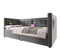 Lit banquette 90x200 cm en velours gris avec rangement hydraulique et USB + Type-C