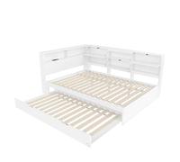 Lit banquette avec rangement L-forme en bois massif et MDF avec étagères ouvertes, compartiments fermés et prises intégrées USB et Type C, design extensible avec lit gigogne (Blanc,140x200cm)