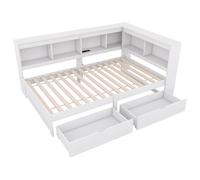Lit Banquette avec tiroirs de Rangement et étagères intégrées, Structure Robuste en Panneaux MDF et Bois, sommier à Lattes Inclus, Design Moderne avec Prise électrique et Ports USB (Blanc,90x200cm)