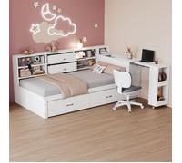 Lit Banquette Bois 90×200 cm avec Tiroirs, Bureau Coulissant et Rangements Cachés - Blanc