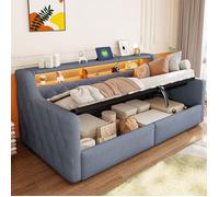 Lit banquette coffre - ZEMINPEOEL - 90x200 cm lin gris rangement hydraulique LED via appli USB/USB-C tablette