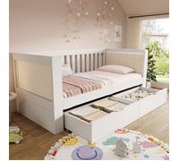 Lit Banquette Enfant Simple 90x190 Blanc en Pin Massif, 2 Tiroirs Rangement, Dossier 3 Côtés Rembourré, Sommier à Lattes, Sécurisé