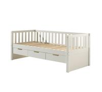 Lit banquette Friedrich en pin laqué blanc avec 3 tiroirs. Sommier à lattes inclus.