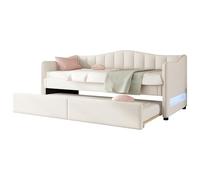 Lit Banquette Moderne avec lit gigogne escamotable, Design Minimaliste en Lin et MDF, canapé-lit Simple avec éclairage LED à intensité réglable, sommier à Lattes Inclus (Beige,90x200cm)