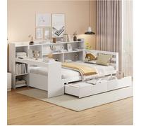 Lit banquette multifonction en bois blanc avec bureau, rangements et prise