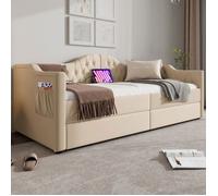 lit banquette pas cher 2 tiroirs 90x200 cm, canape lit 1 place avec chargeur USB Type C,velours, beige (sans matelas)