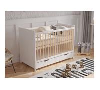 Lit bebe 120x60cm avec tiroir,Lit Bebe evolutif avec Matelas en Mousse,barrière de sécurité en Bois et Gaine protectrice, Blanc