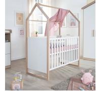 Lit Bébé 60 x 120 Transformable en Cododo ROBA - Cabane - 6 Niveaux de Hauteur - 5 Barreaux Amovibles - Blanc - Chêne