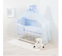 Lit bébé 60x120 cm blanc avec matelas + parure de lit bleue brodée ours cœur - ensemble complet naissance avec accessoires