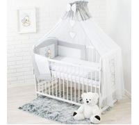 Lit bébé 60x120 cm blanc avec matelas + parure de lit grise brodée ours cœur - ensemble complet naissance avec accessoires