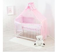 Lit bébé 60x120 cm blanc avec matelas + parure de lit rose brodée ours cœur - ensemble complet naissance avec accessoires