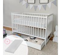 Lit Bébé 60x120 cm Lit à barreaux Évolutif Set Complet avec Matelas et Sommier 3 Hauteurs Tiroir, Barreaux Amovibles | Pin Massif Blanc