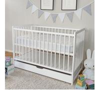 Lit Bébé 60x120 cm - Lit à barreaux Évolutif - Set Complet avec Sommier - 3 Hauteurs - Tiroir - Barreaux Amovibles - Pin Blanc